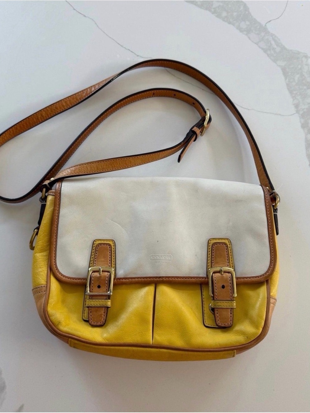 Coach Yellow, White & Brown Leather Two-Tone Crossbody Bag
